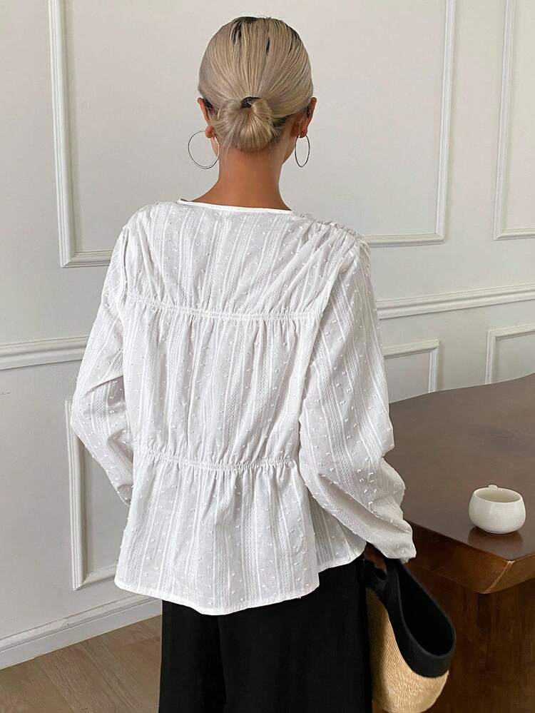 Women's Solid Color Textured Fabric Pleated Tie Waist Loose Long Sleeve V-Neck Casual Autumn Blouse,Fall Women Clothes