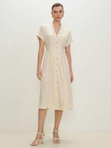 BizChic 2025年夏季新款V领优雅淑女连衣裙，适合音乐节派对、婚礼嘉宾、早午餐、休闲、通勤、约会、毕业、百搭春夏 - 米色 - 查看 2