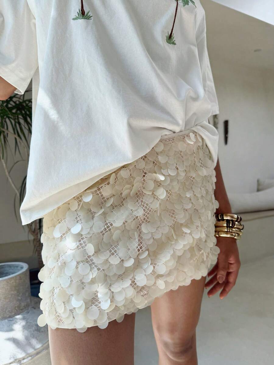 AiiRZ Sparkly Sequin Mini Skirt Festival Party Evening Occasion Wear Shimmer Glitter Dancing Club Night Clubwear Holiday Celebration Skirt - Apricot - View 1