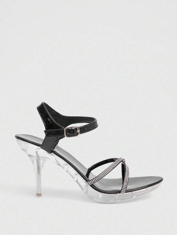 CUCCOO LuxiPop Women Shoes Round Head Transparent And Rhinestone Cross Strap Women's High Heel Sandals Nightclub Style Halloween Christmas New Year Party Platform Shoes