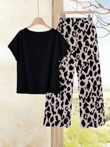 EMERY ROSE 2pcs Women's Solid Color Top And Full-Print Long Pants Set, Spring/Summer Suitable For Going Out