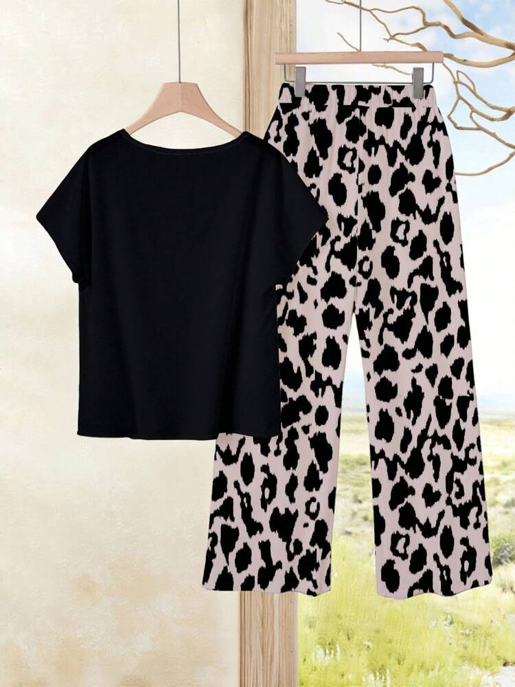 2pcs Women's Solid Color Top And Full-Print Long Pants Set, Spring/Summer Suitable For Going Out