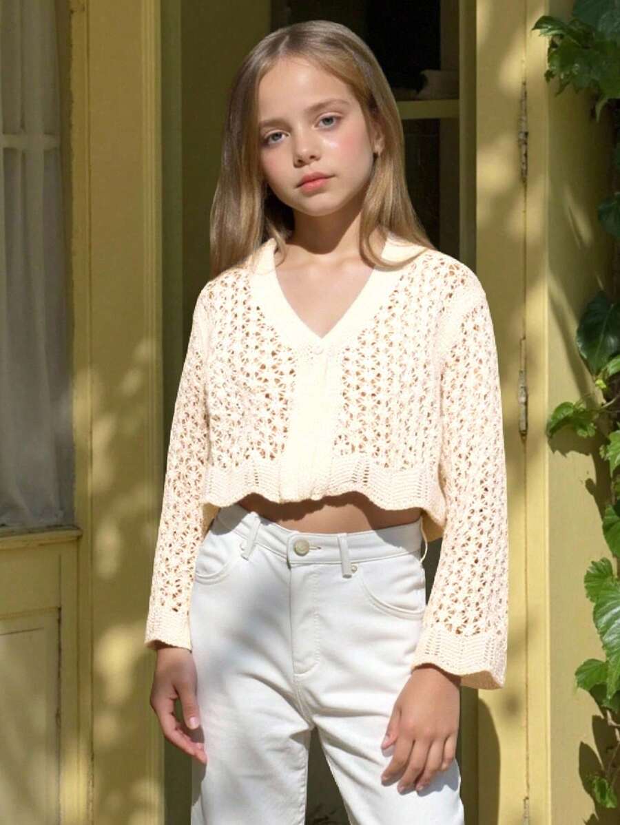 Girls Solid Hollow V-Neck Cardigan, Spring/Summer Fall Winter - Apricot - View 1