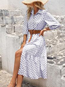 SHEIN LUNE 印花灯笼袖长裙女装 - 紫色 - 查看 4