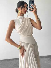 Firerie 女士优雅荷叶边无袖A字连衣裙/伞裙/返校季/学生装/派对/老钱风/外出装/派对装/办公室装/仿杏色半身裙 - 杏色 - 查看 4