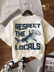 INAWLY Summer Casual Shark & Letter Print Short Sleeve T-Shirt - Apricot - View 6