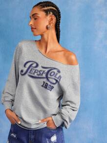 PEPSI X SHEIN 女士休闲日常字母印花斜肩卫衣