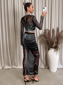 Lavishia 2pcs/Set Women Sexy Beaded Print Mesh Knit Bodycon Set - Multicolor - View 2