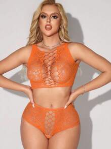 2pcs/Set Women Sexy Wireless Mesh Lingerie Set - Coral Orange - View 6