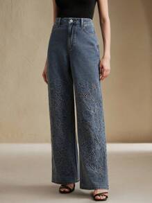 Anewsta Elaire Women's High Waist Fashion Embroidered Lace Loose Straight Wide Leg Jeans Pants - Blue - View 4