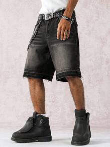 STEELVANCE 男士宽松阔腿休闲牛仔短裤，春夏休闲街头风格 - 黑色 - 查看 7