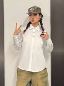 SHEIN Camisa Assimétrica com Botão de Metal e Decoração para Adolescentes, Gola Alta, Manga Longa, Estilo Casual Minimalista e Confortável - Branco - Visão 1