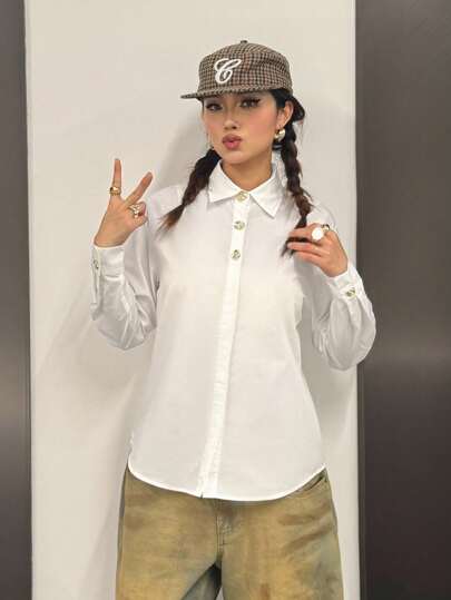 SHEIN Teen Girl Loose Casual Minimalist Comfortable Stand Collar Long Sleeve Asymmetrical Metal Button Decoration Shirt