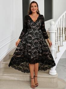 Gownix Curvy Plus Size Women's Lace V-Neck Spliced ​​Short Front And Long Back Romantic Elegant Long-Sleeved Long Dress, Suitable For Autumn And Winter, Guest Party Party Dress, Going Out,Holiday Dress,Christmas Party Dress ,Knit Dress,New Years Outfit - Black - View 4