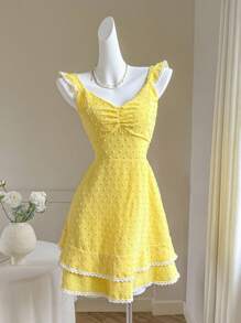 SHEIN Women's Summer Swiss Dot Ruffled Hem Yellow Mini Dress - Yellow - View 1