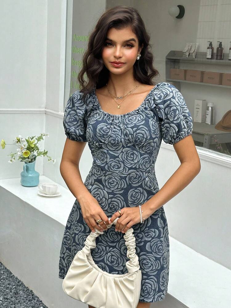 Retro Floral Textured Denim Fabric Drawstring Puff Sleeve Fitted Short Denim Dress, Summer
