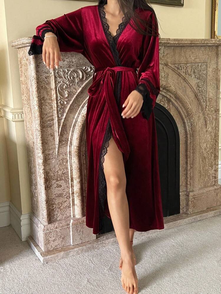 Velvet & Lace Patchwork Women's Bathrobe, Fall Pajama, Winter Valentine's Day