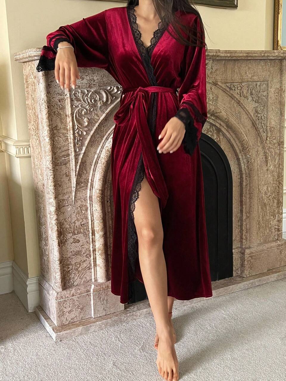 Velvet & Lace Patchwork Women's Bathrobe, Fall Pajama, Winter Valentine's Day