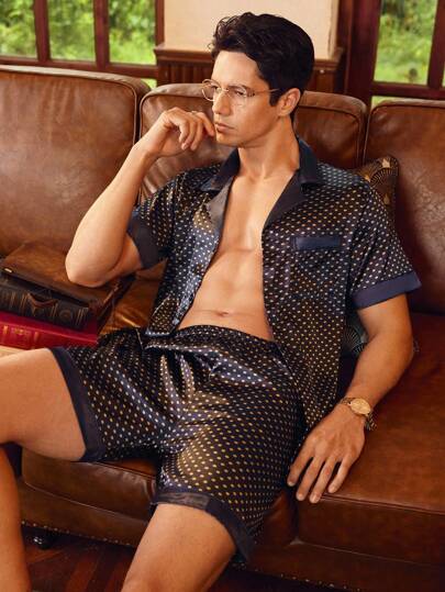 Guys Random Polka Dot Print Satin Shirt & Shorts PJ Set