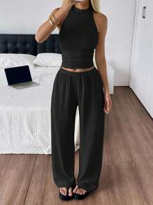 SHEIN EZwear 女式夏季露背上衣和长裤套装 - 黑色 - 查看 5