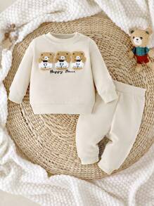 SHEIN Conjunto de 2 piezas con sudadera y pantalón de manga larga casual y cómodo con bordado de osito de dibujos animados, estilo coreano para bebé recién nacido