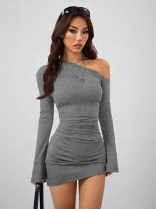 Coolane Women's Spring/Fall  Minimalist  Old Money Date Night Rib Knit Ruched Asymmetrical Neck Slim Fit Short Dress