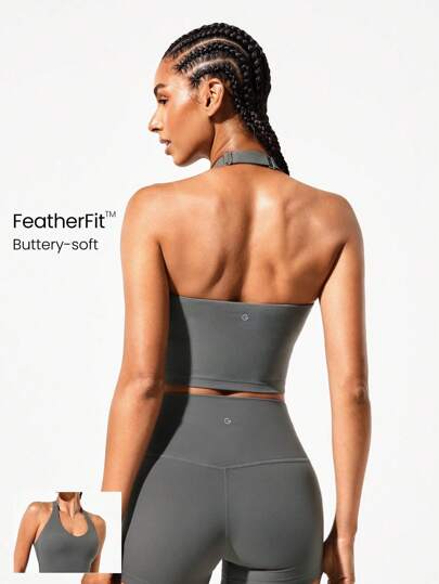 GLOWMODE FeatherFit™ Double Time Adjustable Halter Sports Bra Tank Top Light Support Low Impact Yoga Pilates Daily Spring Summer