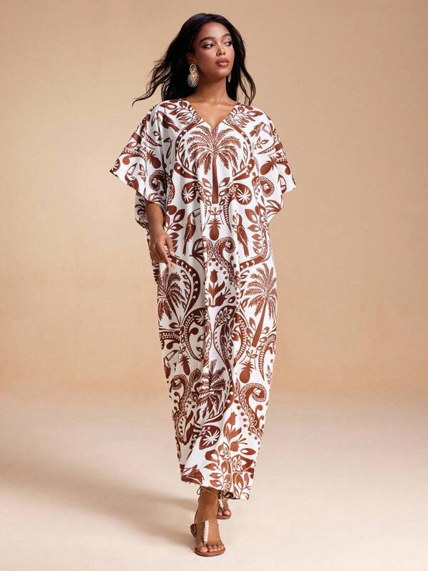 MIRENZI Tropical Boho Printed V Neck Short Sleeves Kaftan Long Dress Women Casual Summer Vacation