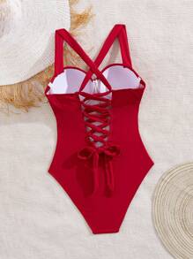 Shapewave 1pc Red Wide Strap Underwire Push Up Padded Cross Strap Back Elegant One Piece Swimsuit For Women For Summer Beach Vacation - Red - View 5