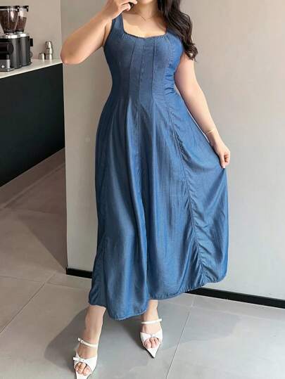 Dazy Plus Solid Color Skinny Stretch Camisole With Long Denim Dress, Summer