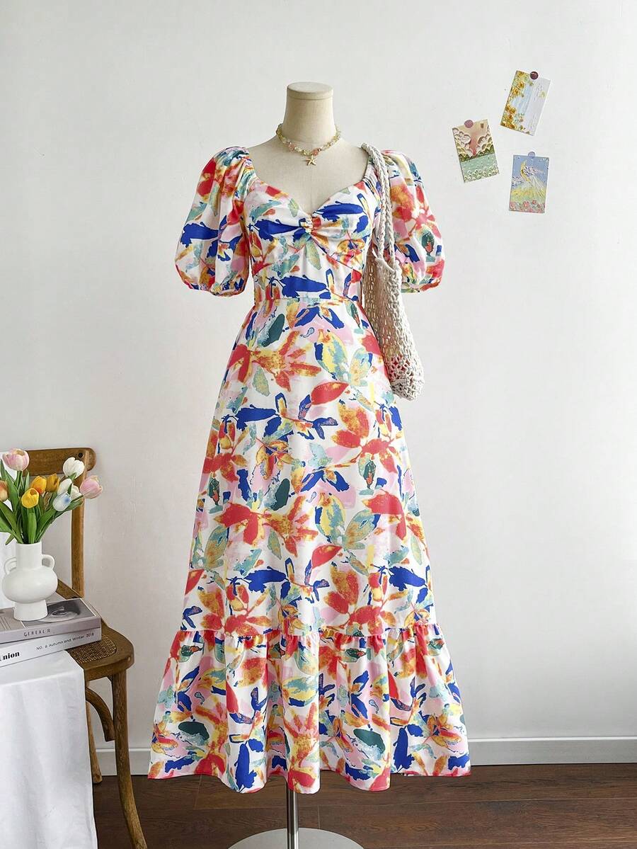 Soleia 女士彩色花卉印花泡泡袖 V 领荷叶边下摆浪漫长裙，适合婚礼、毕业典礼、返校派对、休闲单身派对、复古夏季、橙色热带印花长裙 - 彩色 - 查看 1