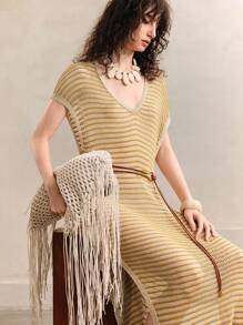 Arave Women's Fashionable Casual Loose Striped Midi Dress,Vacation Outfits Women,Vacation Dresses,Crochet Dress,Women Cover Up,Boho Dress Women,Hawaii Outfits Women,Beach Dresses For Women,Beach Vacation Outfits,Fairycore,Classy Outfits For Women,Beach Dresses For Women Knitted Sweater - Green - View 1