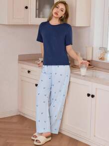 SHEIN Bộ đồ ngủ nữ rộng rãi, thường ngày, màu trơn, tay ngắn, họa tiết nơ sọc, quần dài in hình nơ, bộ đồ ngủ nữ, bộ đồ ngủ mùa hè cho nữ, bộ đồ ngủ màu xanh, bộ đồ ngủ sọc, bộ đồ ngủ nơ dễ thương - Nhiều màu - Xem 4