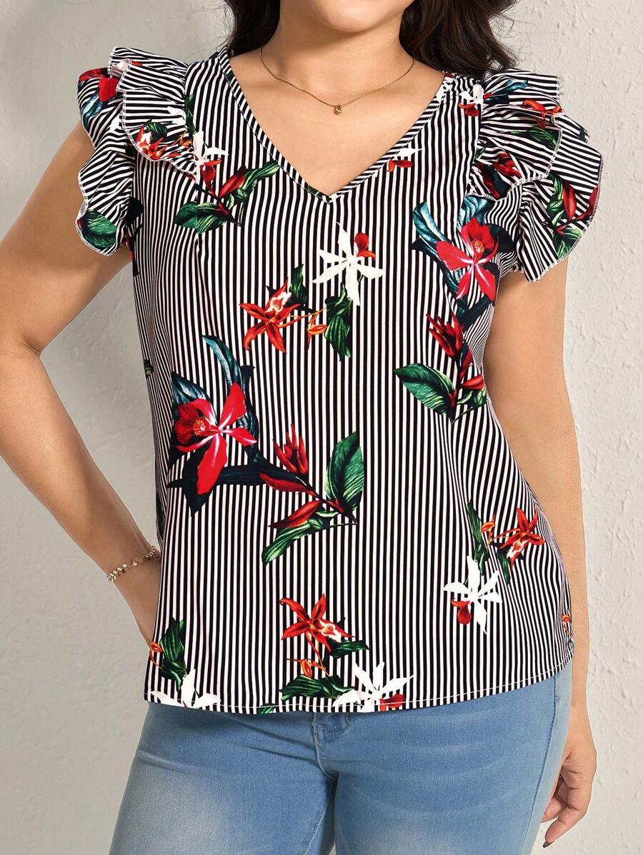 Comfylo Blusa casual de rayas con cuello en V, volantes y corazón, ideal para el Día de San Valentín, verano y primavera, tallas grandes para mujer