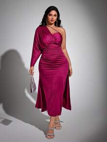 Viva Relle Party Plus Asymmetrical Neck Ruched Split Thigh Dress Fall Cloth For Women - Hot Pink - View 1