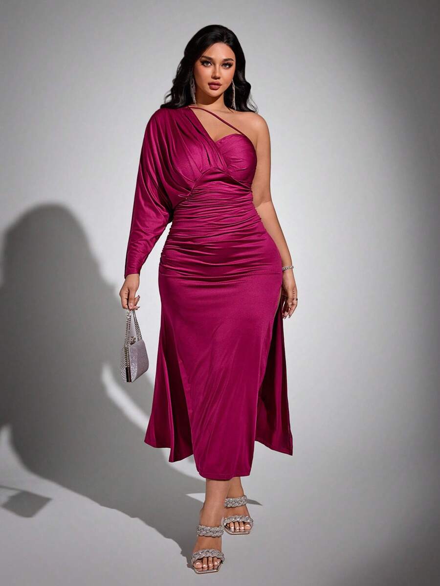 Viva Relle Party Plus Asymmetrical Neck Ruched Split Thigh Dress Fall Cloth For Women - Hot Pink - View 1