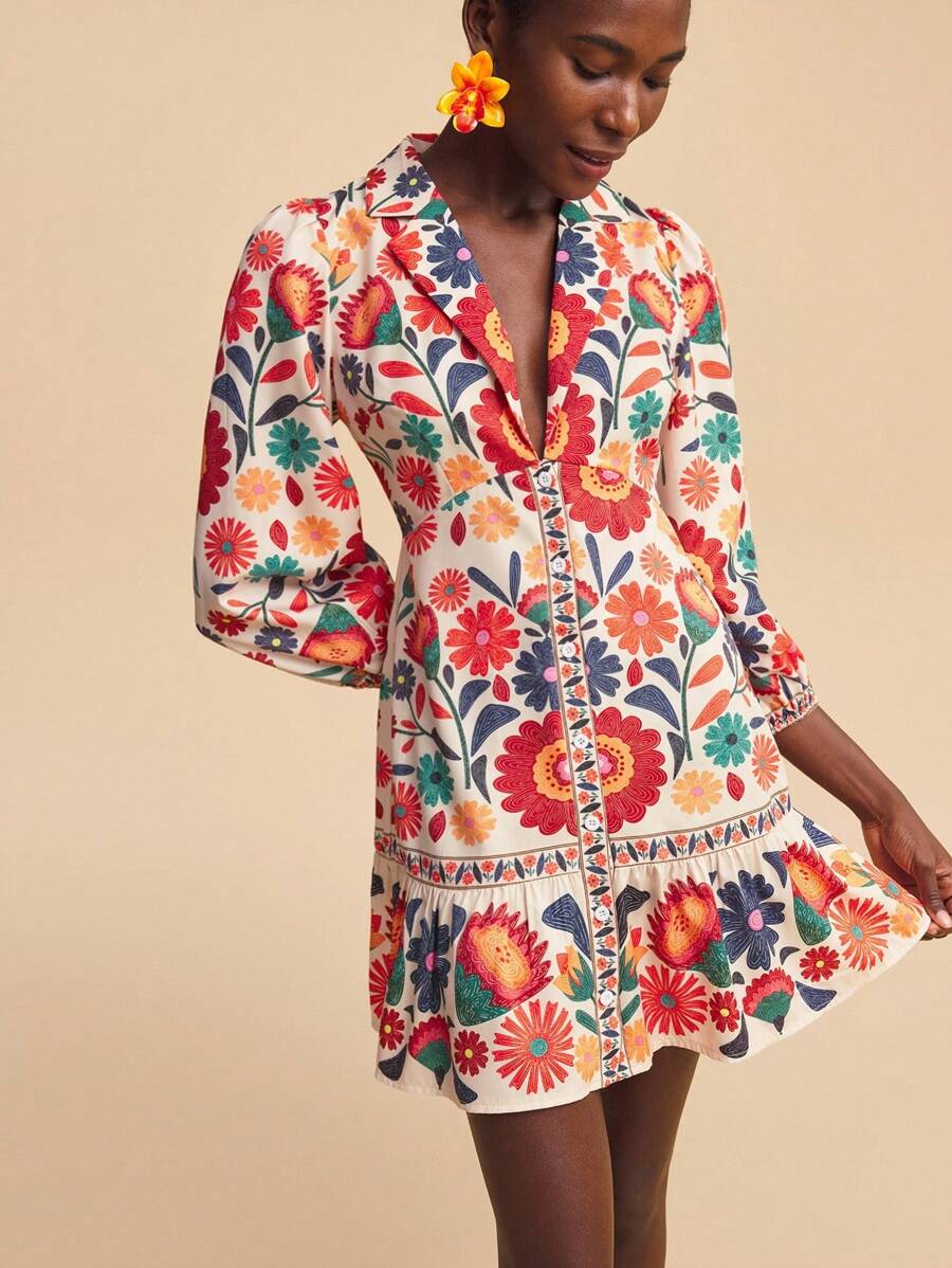 Travachic 时尚休闲度假花卉印花长袖女式迷你连衣裙 - 米色 - 查看 1