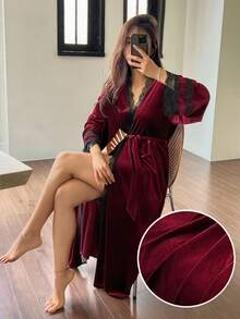 DAZY Badrock i sammet och spets, dambadrock, höstpyjamas, alla hjärtans dag-vinter - Bourgogne - Visa 3