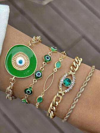 5pcs/Set Fashionable Oil Drop Eye Bracelet Set For Women, Personalized Dating Gift (Handmade Oil Drop, Slight Variation In Oil Drop Color Effect)
