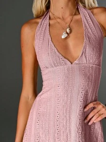 TRNVIE Deep V Neck Hollow-Out Jacquard Green Halter Mini Vacation Dress For Women, Spring/Summer - Pink - View 3