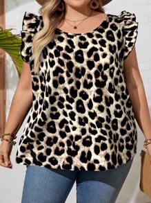 SHEIN CURVE+ 大码休闲优雅豹纹系带拼接蝴蝶袖圆领衬衫毕业、海滩度假