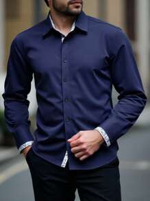 Manfinity Homme 男士加大码休闲前扣长袖正装衬衫，通勤装，秋季 - 藏蓝色 - 查看 3