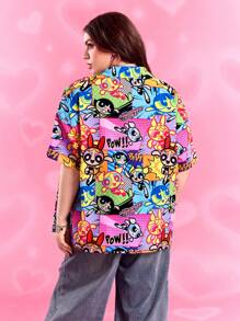THE POWERPUFF GIRLS X SHEIN 大尺碼女款夏季 Y2K 休閒度假返校學院風可愛寬鬆粉色花朵圖案前排扣短袖襯衫 生日禮物 - 彩色 - 查看 2