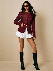 Poéselle 女士酒红色圆领长袖亮面单排扣优雅粗花呢大衣，秋冬款 - 紅色 - 查看 3