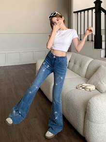 SHEIN 少女闪亮心形钻石蓝色弹力紧身喇叭腿牛仔裤，女孩春夏休闲度假乡村波西米亚风装，水钻牛仔裤 - 中等水洗藍 - 查看 5