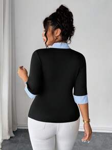 Elenzga 大码女式春夏拼色条纹二合一上衣