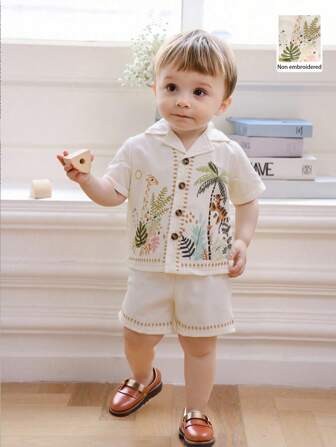 Souflis Souflis Set de 2 piezas para bebé niño/recién nacido - Conjunto de verano informal y elegante con camisa y shorts estampado de animales del zoológico, para edades de 0 a 3 años