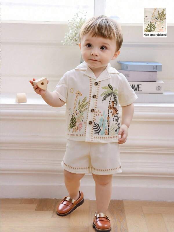 Souflis Souflis 2pcs/Set Baby Boy Toddler/Newborn Casual & Elegant Animal Zoo Print Shirt Jacket And Shorts Summer Outfits, 0-3 Years Old Summer Clothes For Toddlers Summer Clothes For Baby Boys Baby Beach Clothes Boy Summer Clothes For Boy Toddlers Boy Clothes For Baby Summer