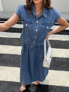 DAZY Women's Summer Casual Denim Vest & Mini Skirt 2-Piece Set - Blue - View 6