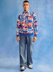 PEPSI X SHEIN 男士休闲字母图案长袖连帽衫，秋季 - 藍色 - 查看 5